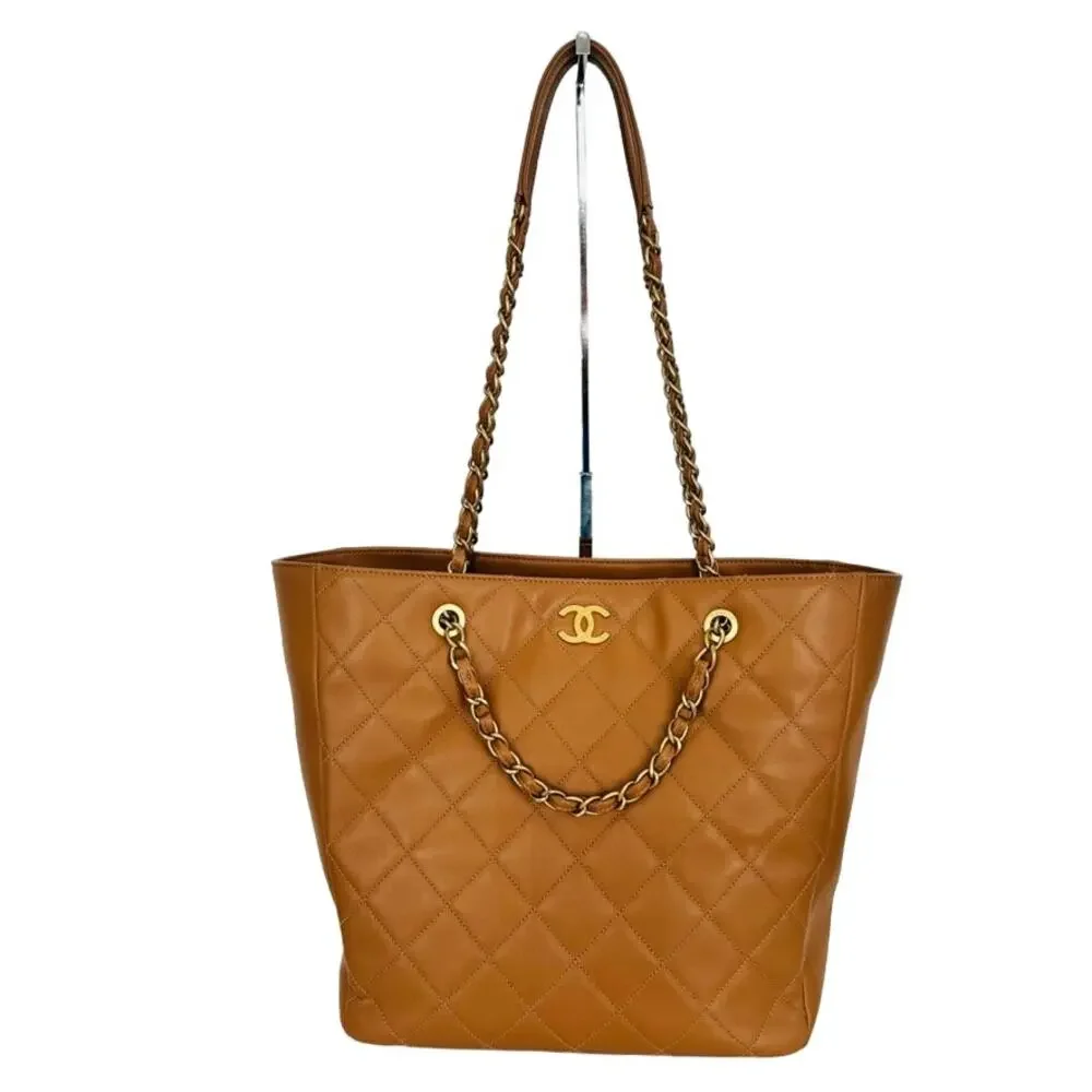 Chanel CC Chain Tote Quilted Leather Tan Brown Handle Purse Full Set & Box 2021